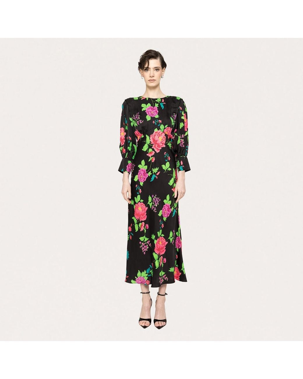 Nissa Green Puff-Sleeves Viscose Midi Dress
