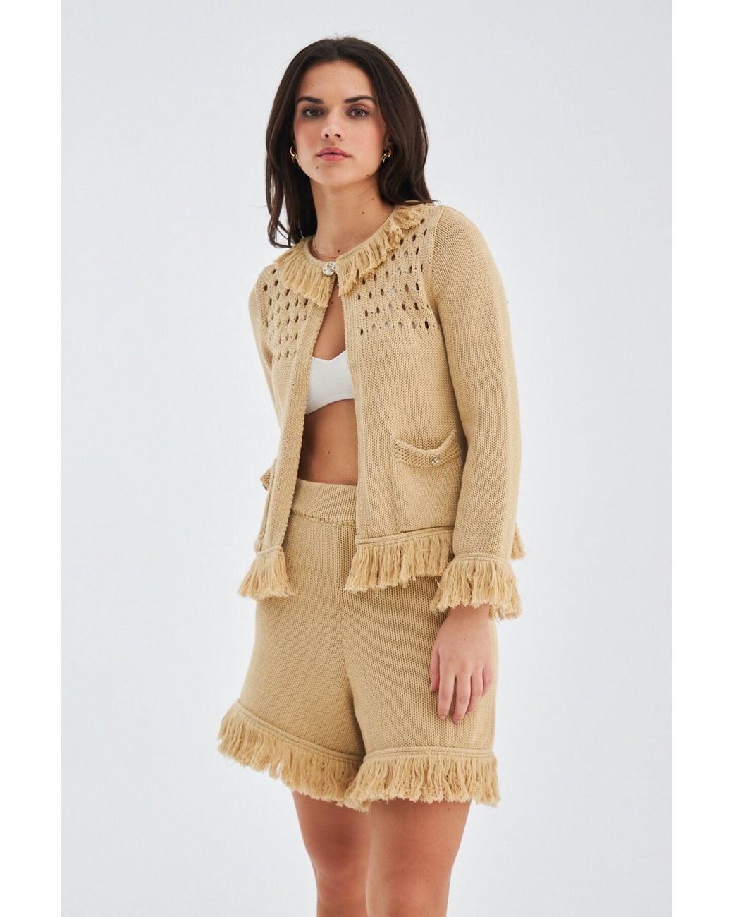 Peraluna Natural Miyoki Knitted Crop Cardigan & Shorts Matching Set