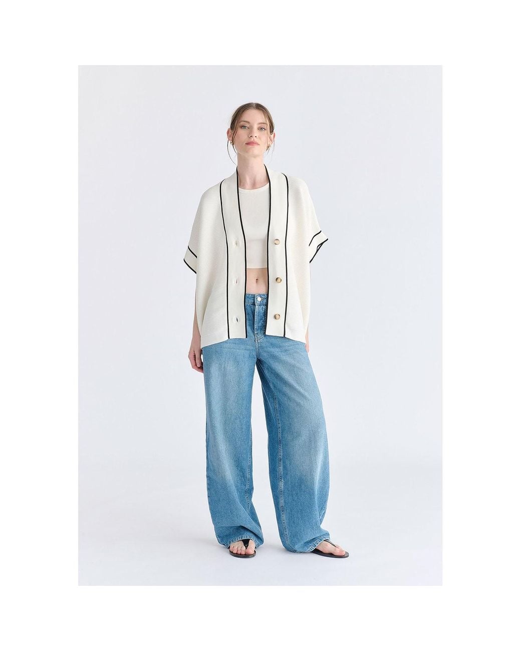 Paisie Metallic Button Details Kimono Ribbed Cardigan