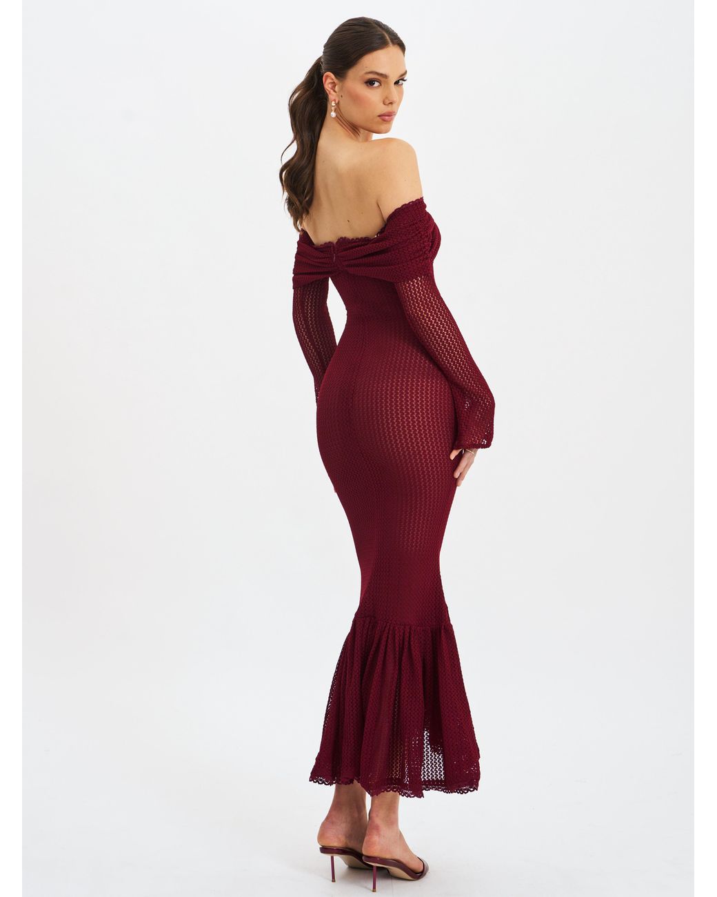 Miss Circle New York Purple Kaedyn Burgundy Off Shoulder Long Sleeve Crochet Mermaid Maxi Dress