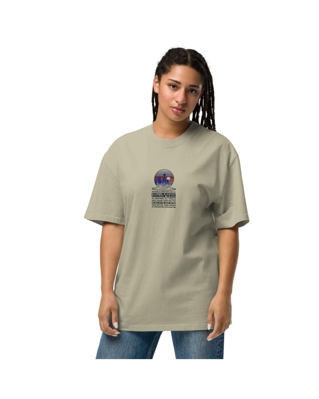 Anchor and Crew Natural Neutrals Faded Eucalyptus City Drive Explore Co. Oversized Cotton T-Shirt