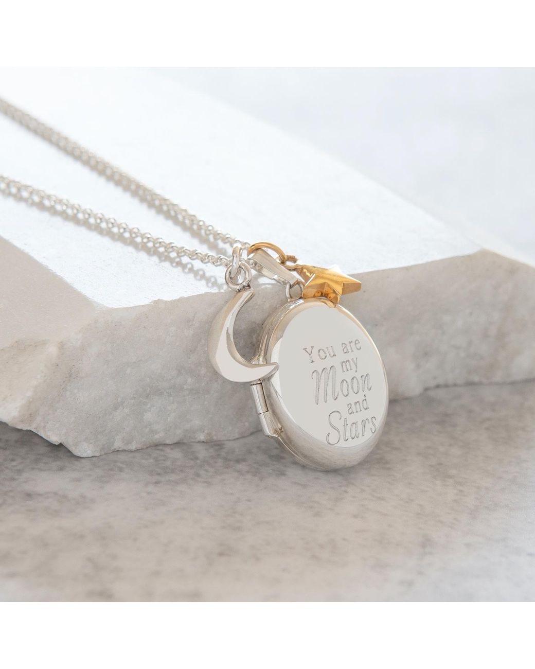 Lime Tree Design Metallic Engraved Locket 'You Are My Moon And Stars' Sterling Necklace