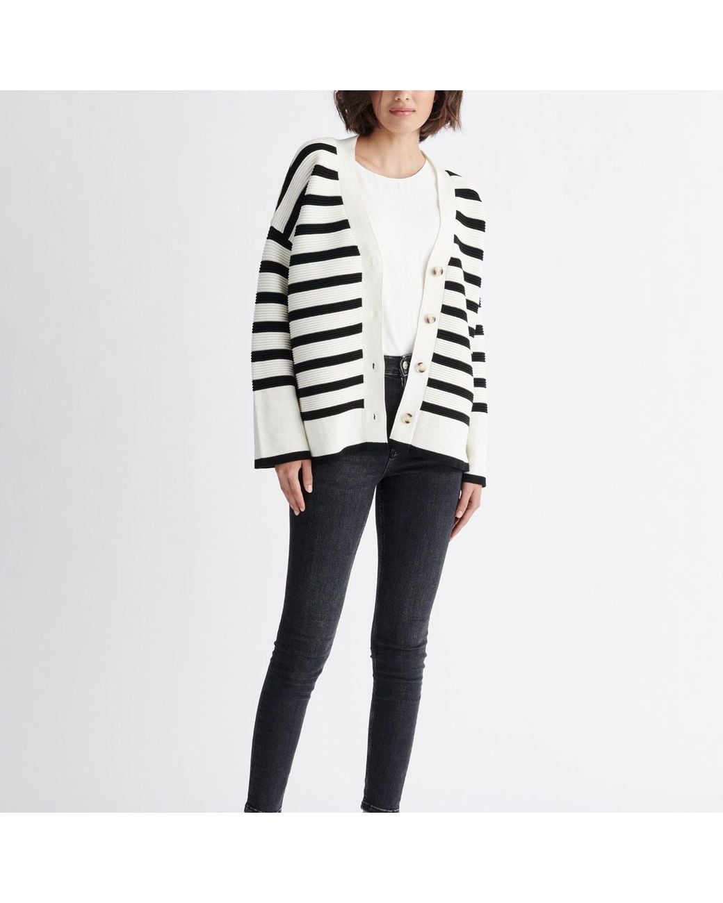 Paisie Blue Striped Ribbed Cardigan In White & Black
