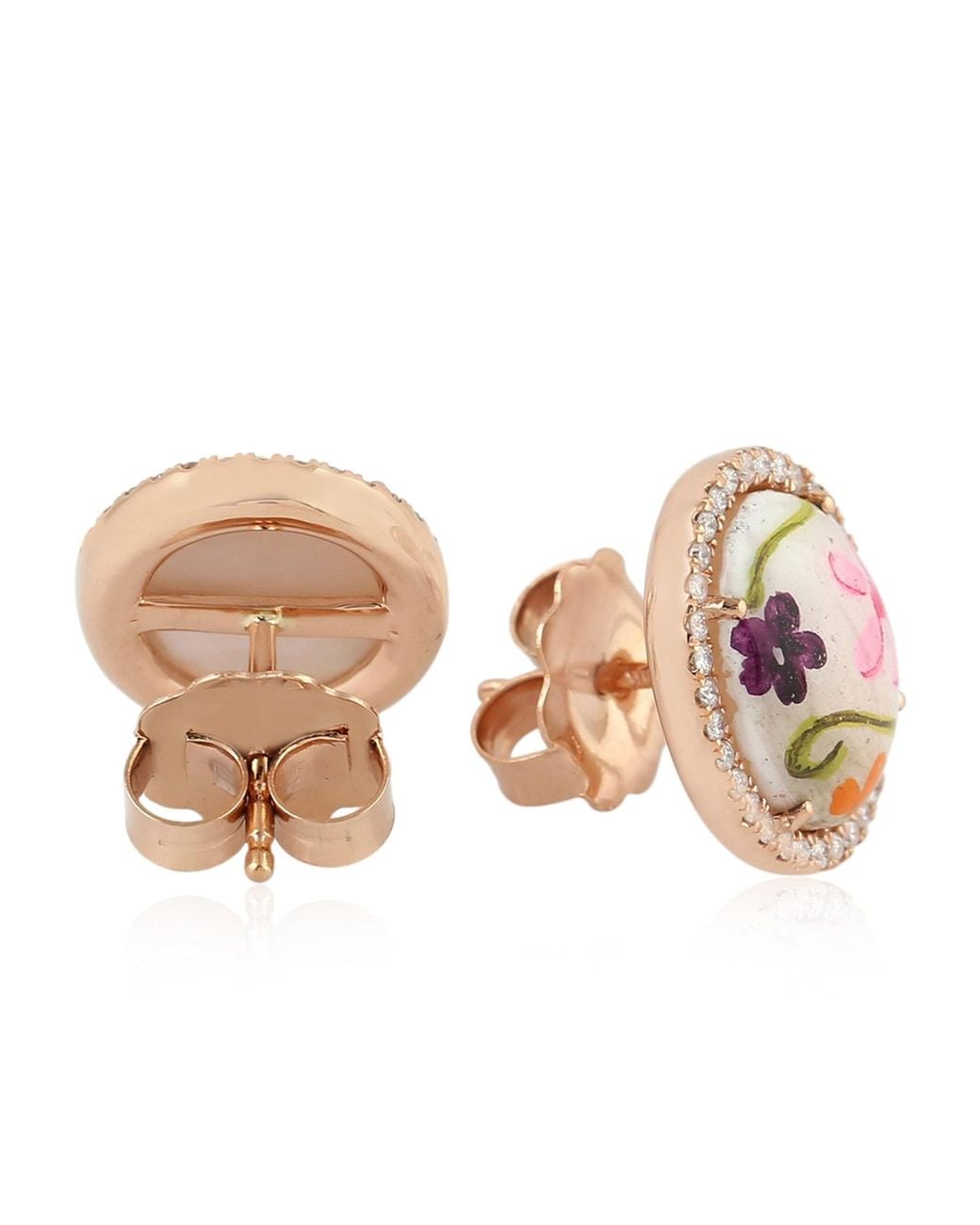 Artisan Pink Rose Mother Of Pearl, Enamel & Diamond Flower Earrings