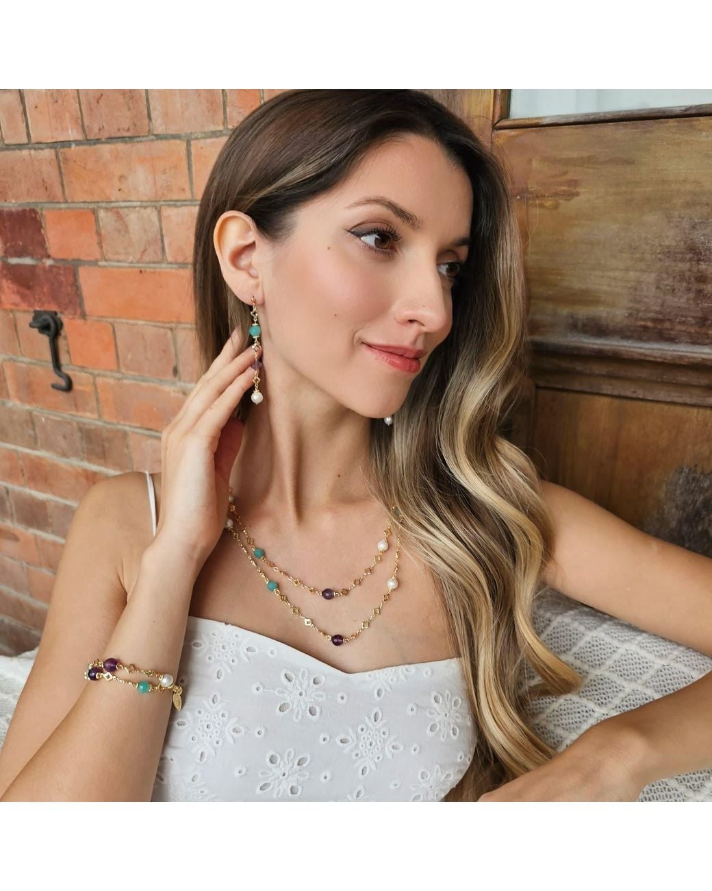 Farra White Amethyst Amazonite & Pearl Long Station Necklace