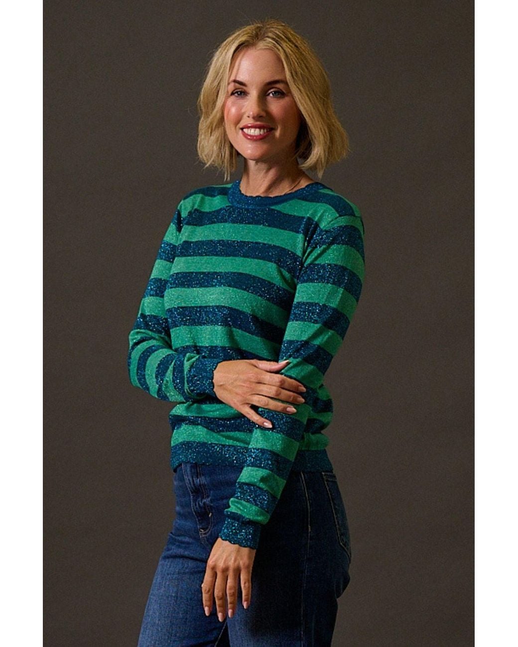 Sugarhill Green Alexa Scallop Sweater, Sparkles Stripe