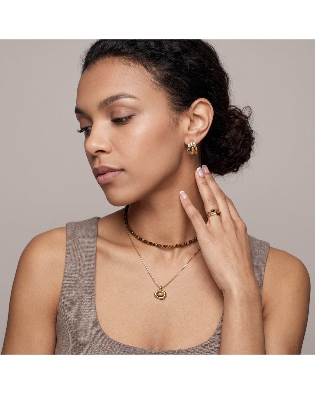 Uchi and Soto Metallic Nekomeishi Tiger's Eye Beads & Chain Pendant