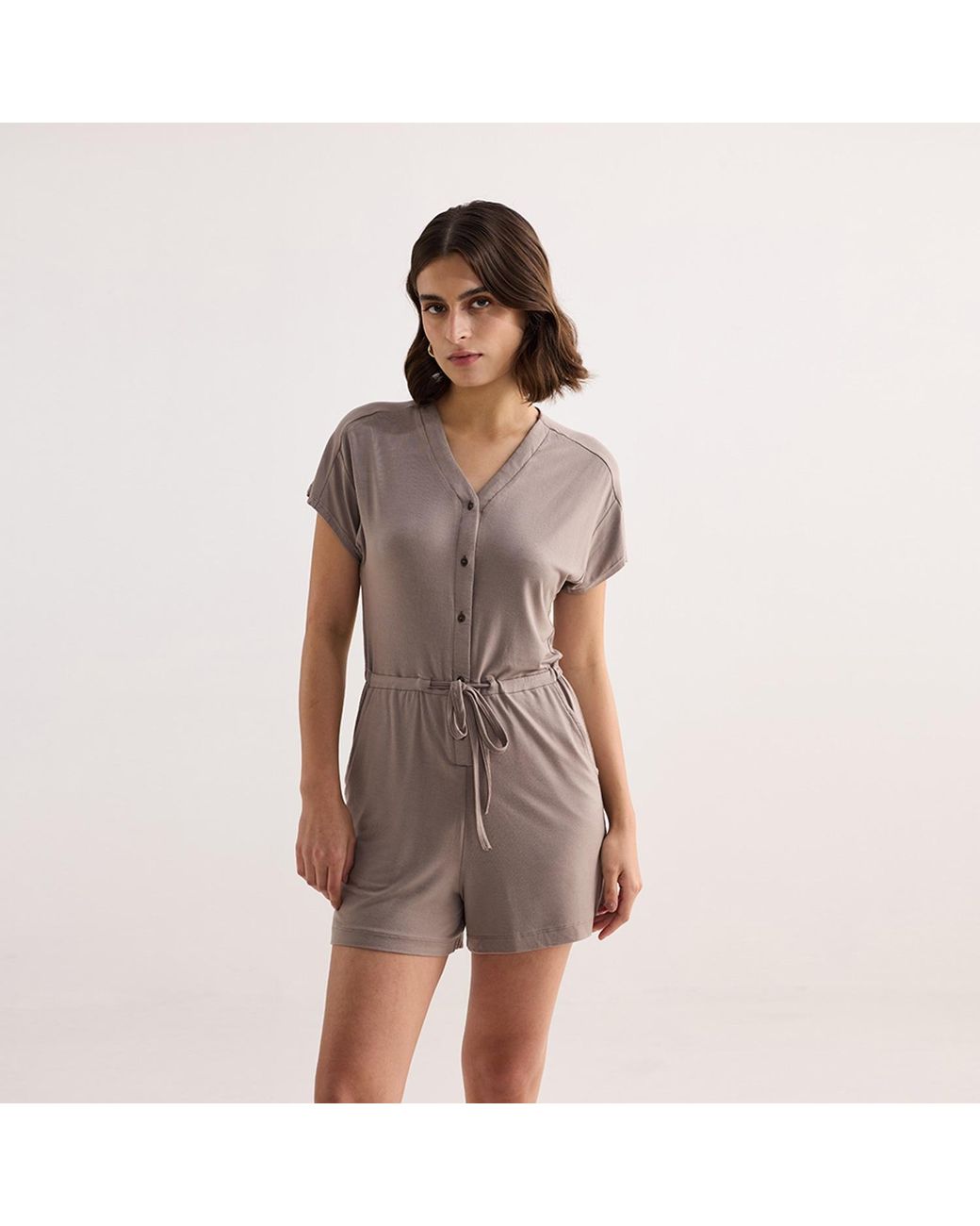 REISTOR Brown V Neck Drawstring Knit Romper
