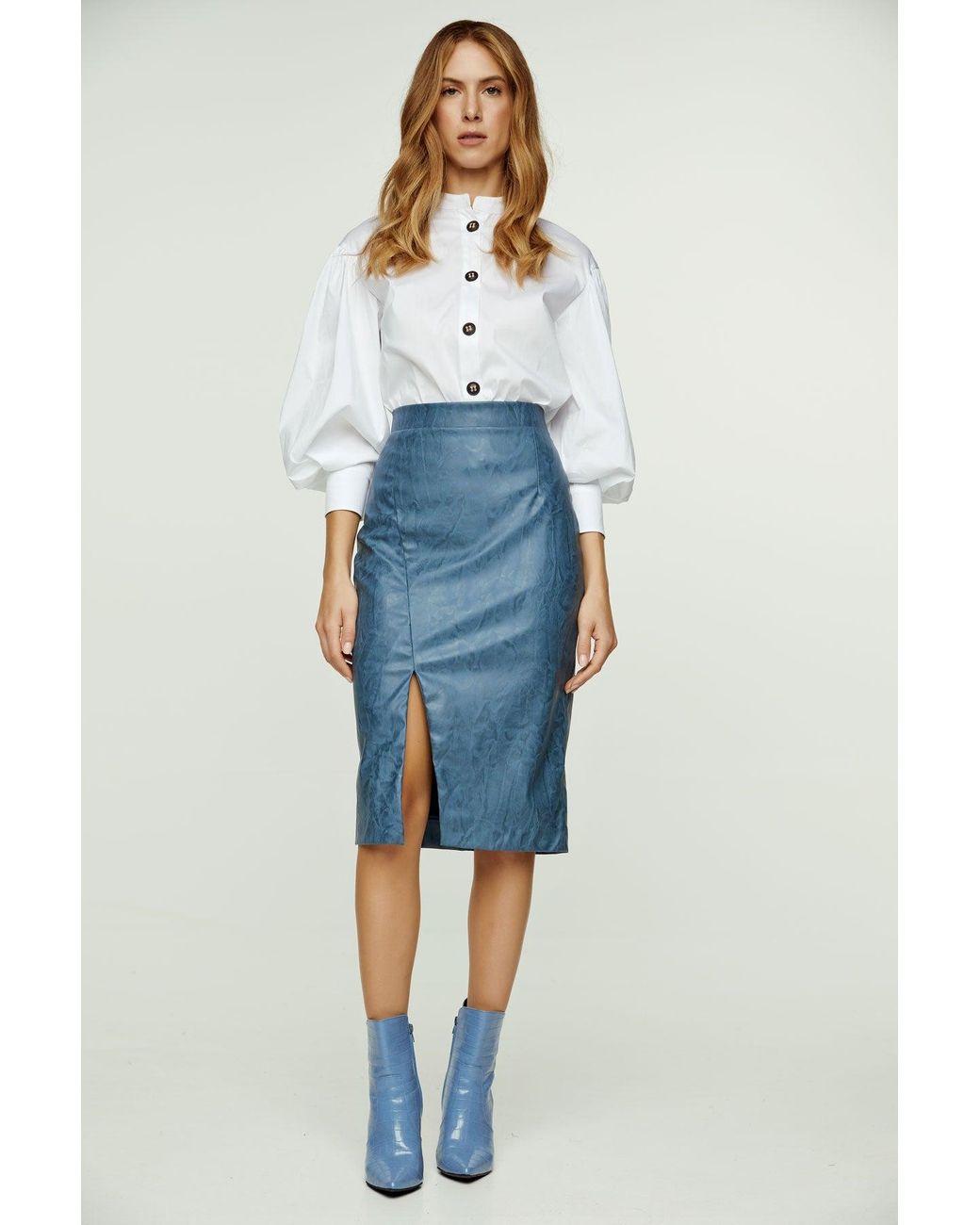 Conquista Blue Faux Leather Pencil Skirt