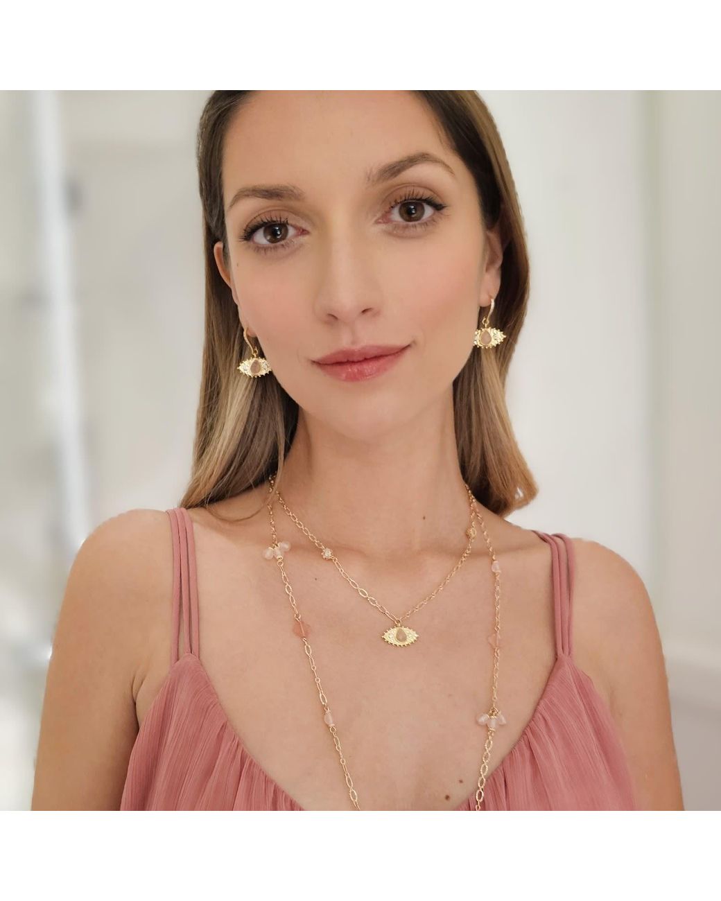 Farra Metallic Evil Eye Adorned Rose Quartz Stone Earrings
