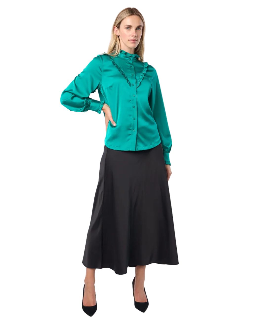 Carloslines Green Ruffle Stand Collar Long Sleeve Shirt