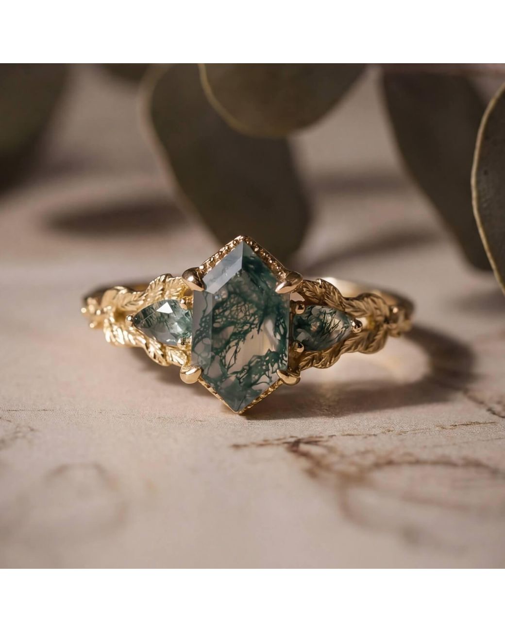 Azura Jewelry New York Green Gardenia Moss Agate Ring Vermeil
