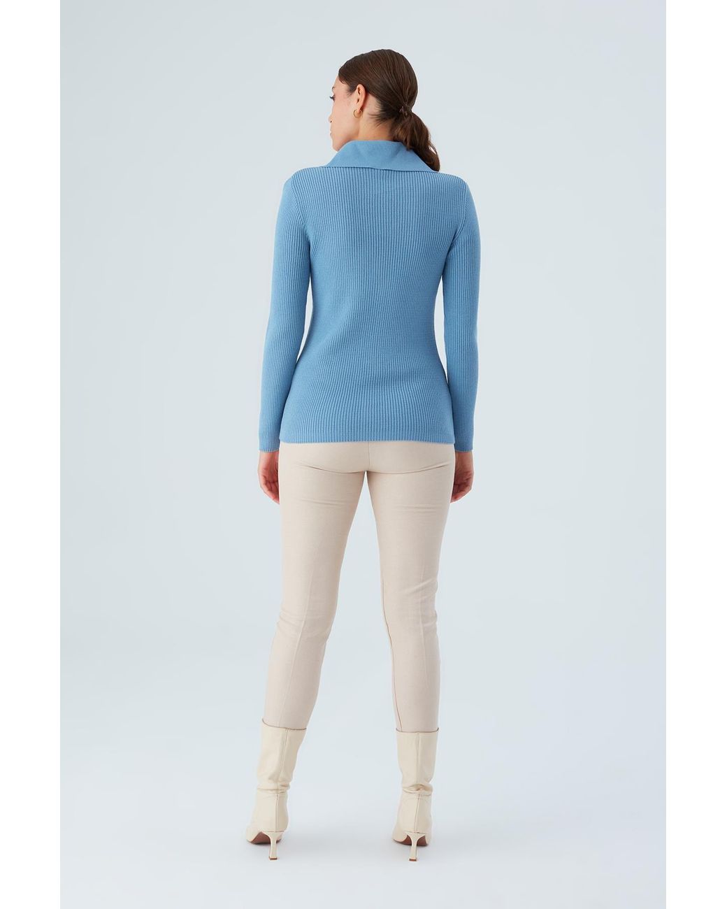 Peraluna Blue Polo V-Neck Ribbed Knit Cardigan