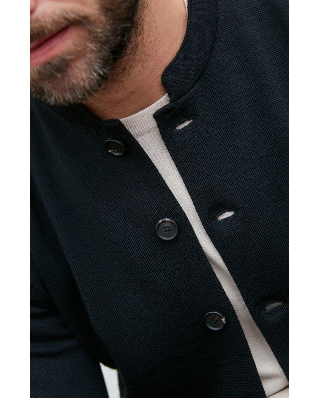 Paul James Knitwear Blue Extra Fine Merino Wool Alonzoo Knitted Nehru Jacket for men