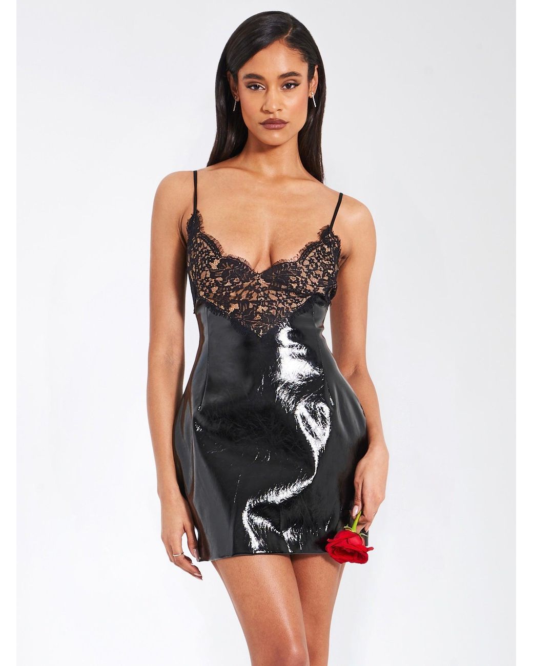 Miss Circle New York Black Shelby Vegan Leather With Lace Mini Dress
