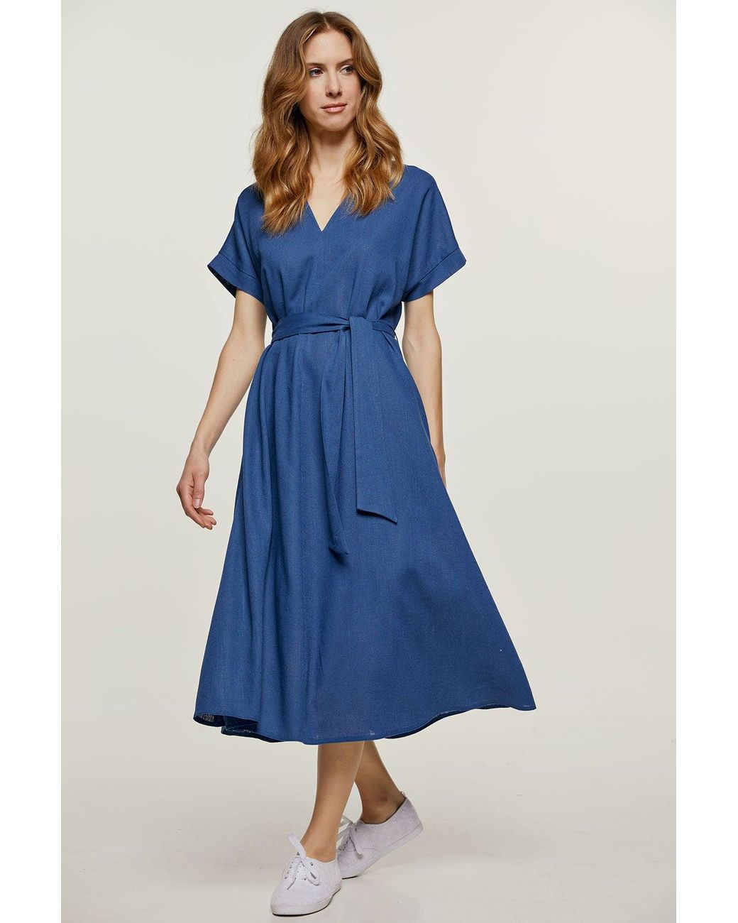 Conquista Blue Linen Style Belted Midi Dress