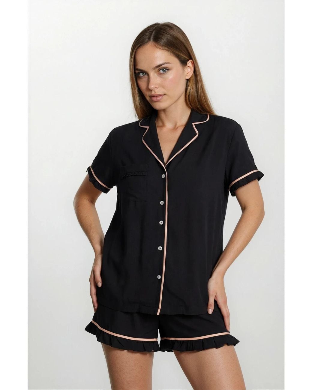 Carolina Benoit Black Luxury Short Pajama With Ruffles With