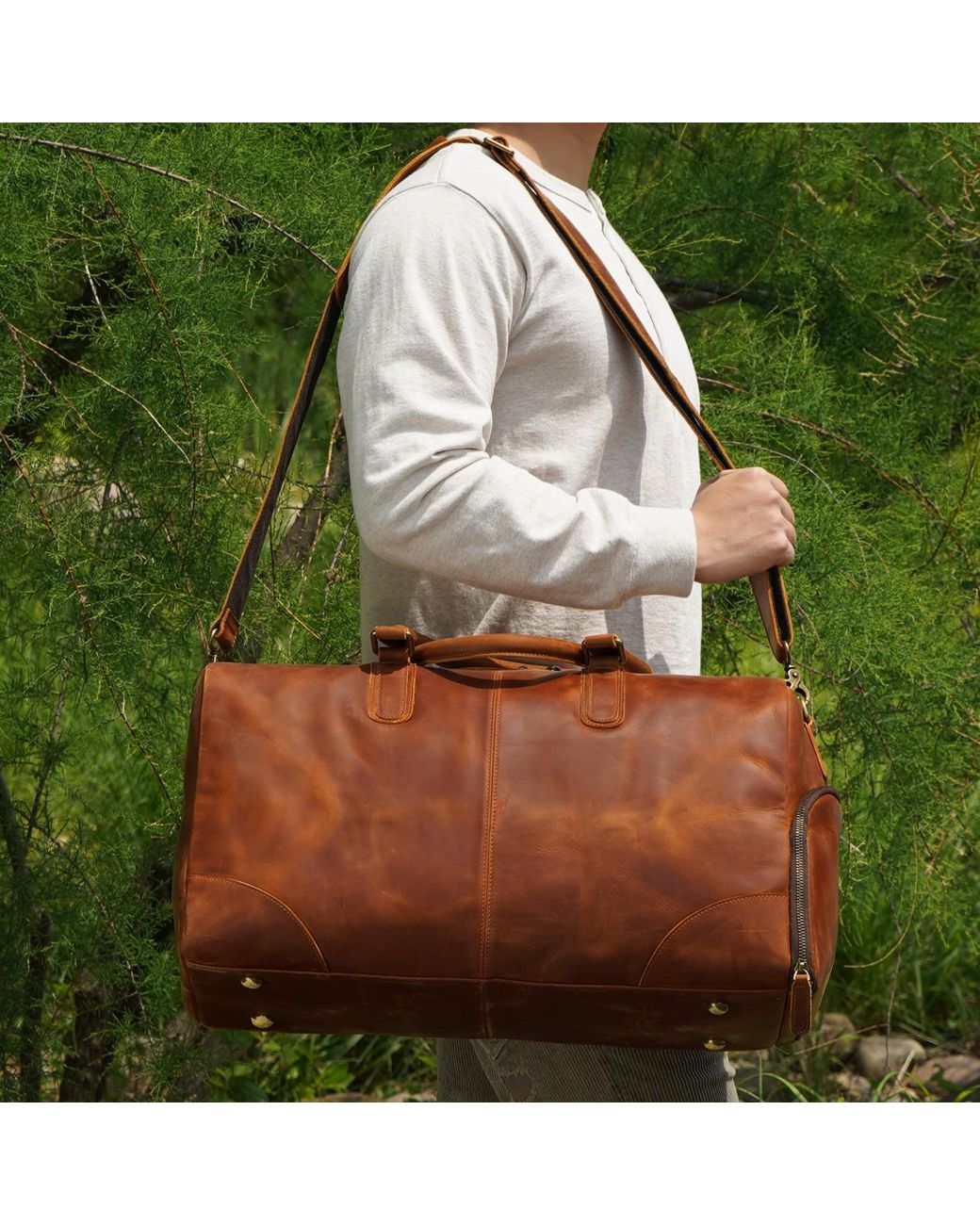 Touri Brown Genuine Leather Gym Bag With Shoe Storage
