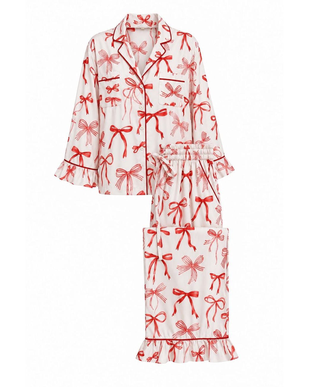 Carolina Benoit White Bow Print Luxury Pajama Set Long