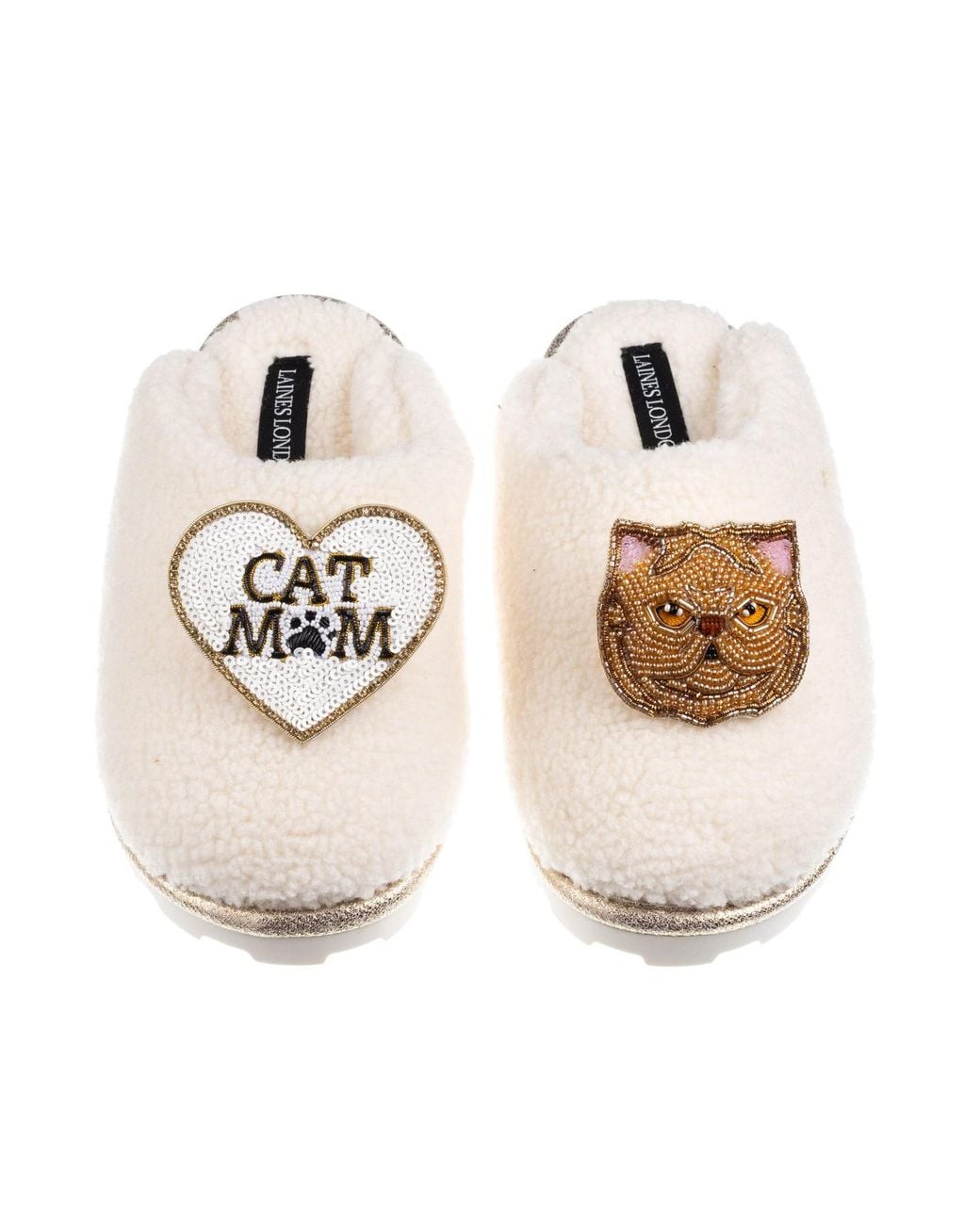 Laines London Metallic Neutrals Teddy Closed Toe Slippers With Cat Mum/Mom & Ginger Persian Cat Brooches