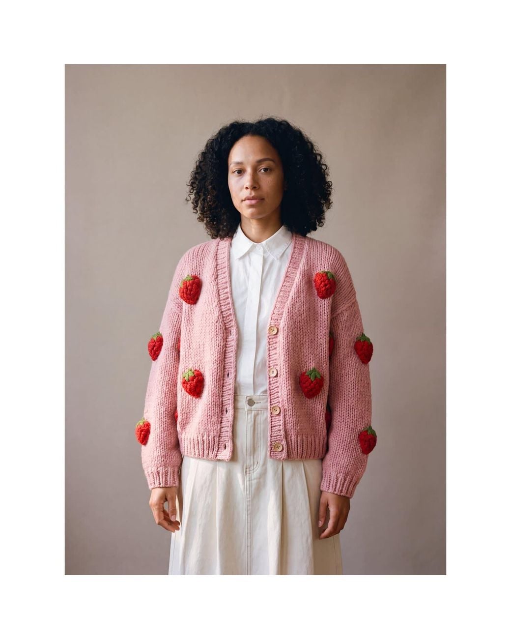 Ana Chic Pink Strawberry Motif Handmade Knitted Cardigan