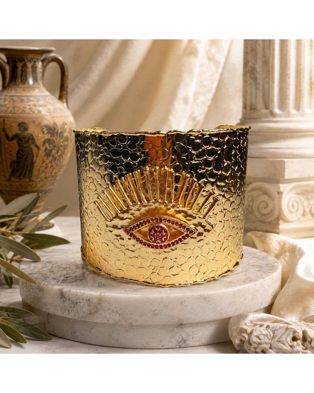 By Ozge Metallic Divine Gaze Ruby Stone Evil Eye Plated Statement Cuff Bracelet