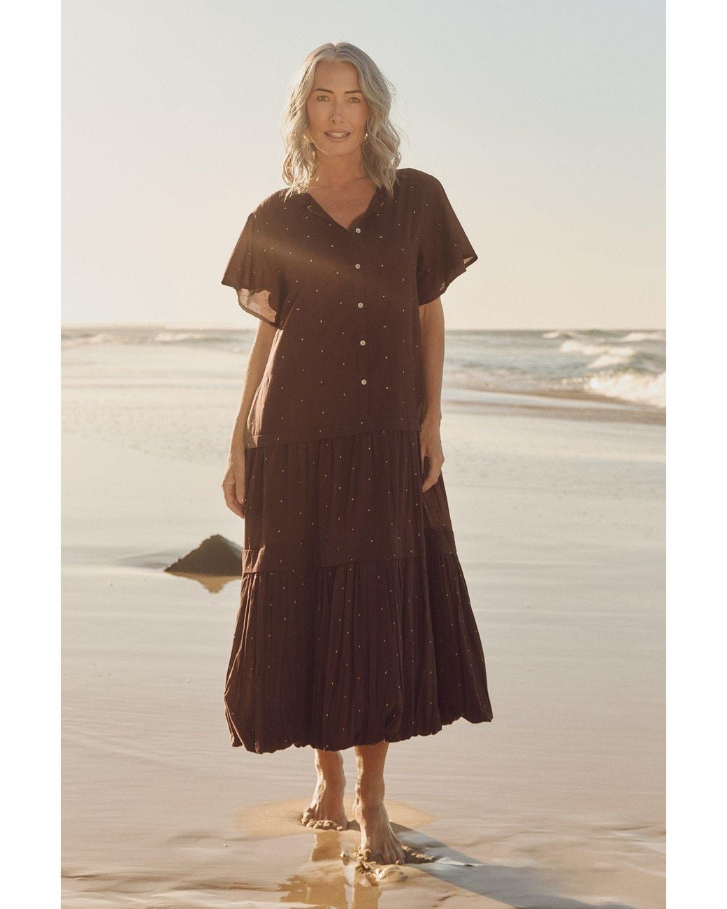 Adrift Clothing Brown Millie Reversible Flutter Sleeve Dress