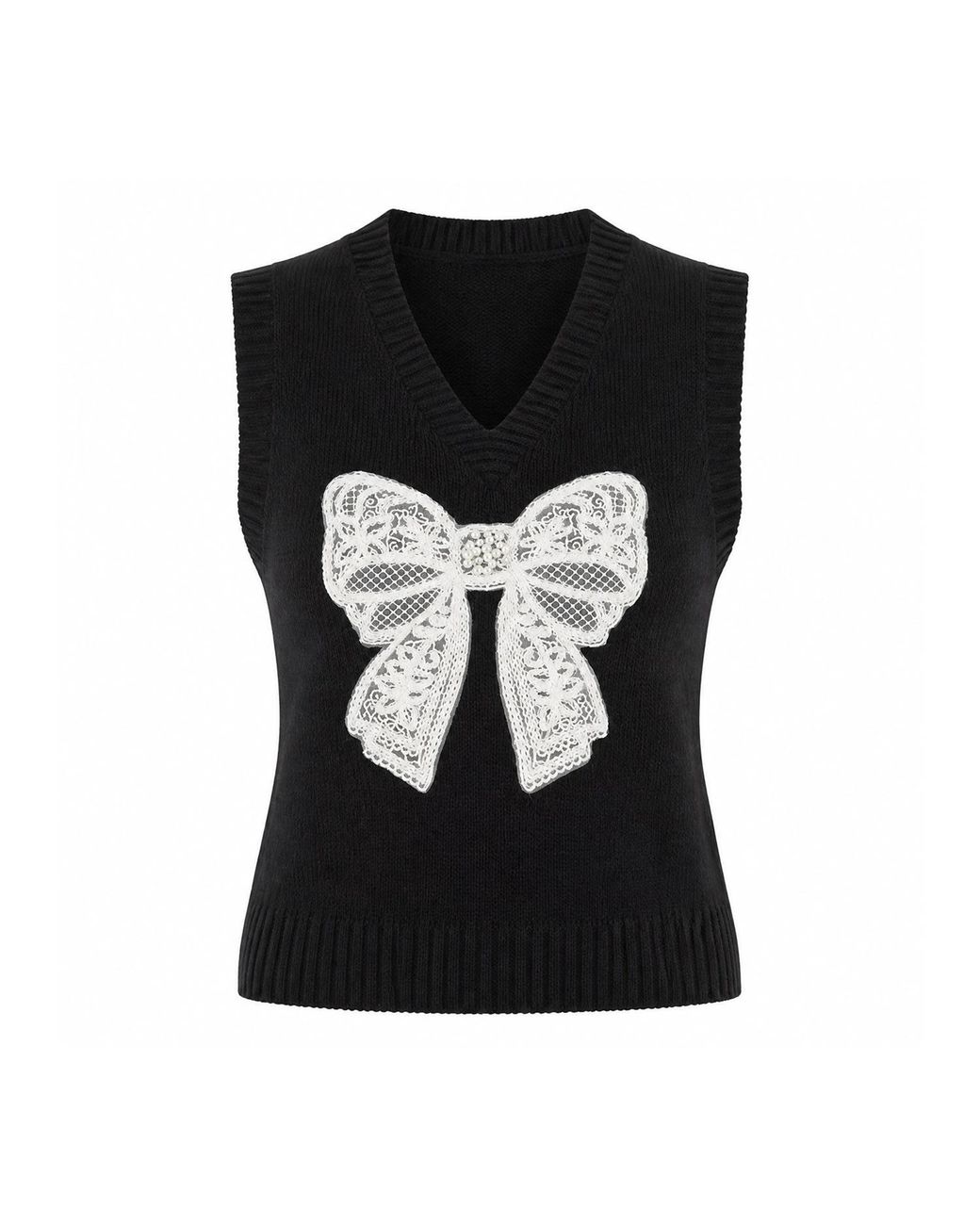 Yumi' Black Lace Bow Knitted Pullover