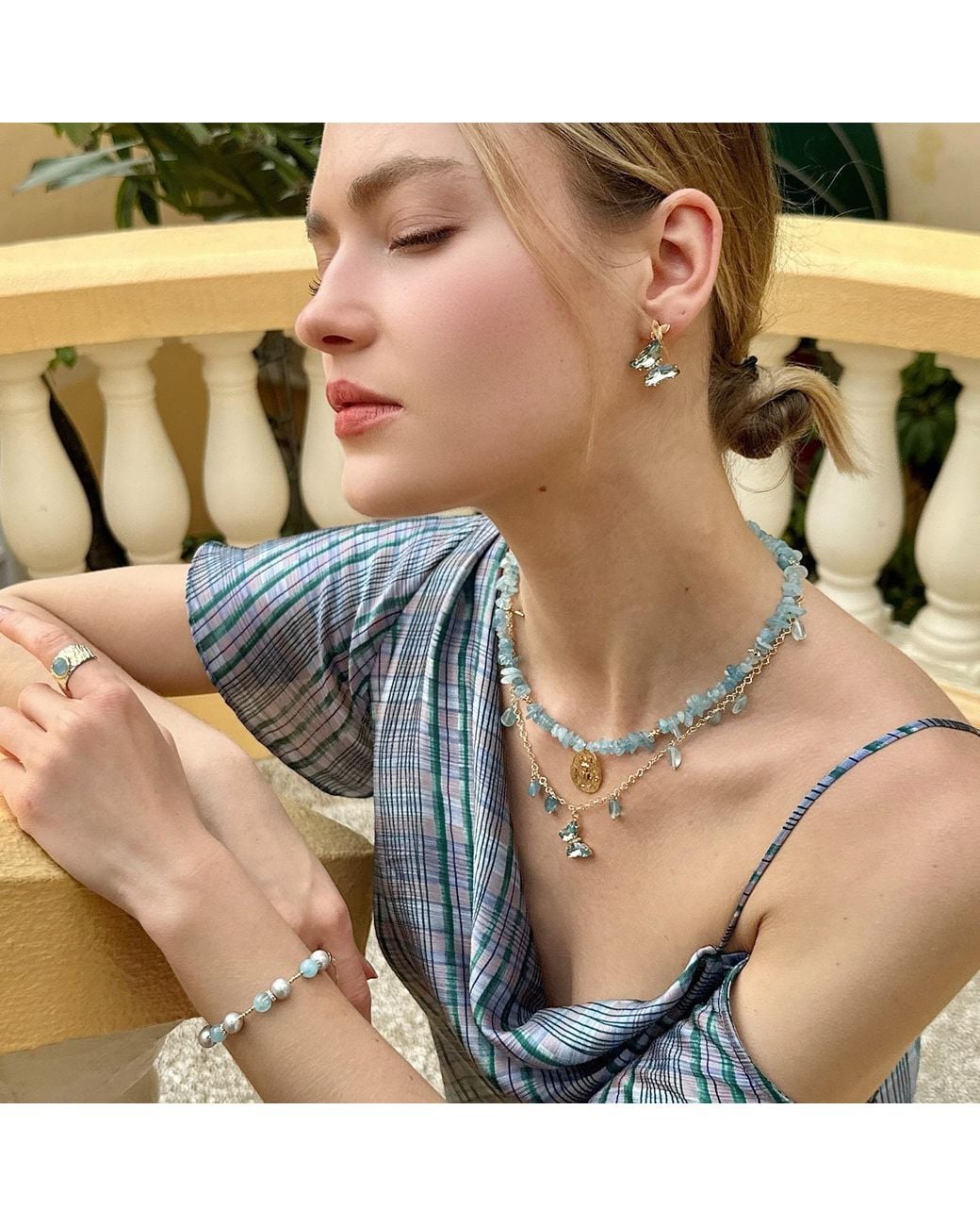 Farra Blue Aquamarine With Gay Freshwater Pearls Adjustable Bracelet