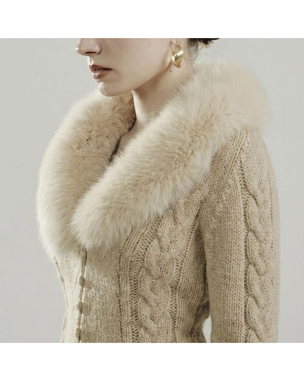 Belsize25 Natural Neutrals Cashmere-Blend Faux Fur Collar Cable-Knit Cardigan