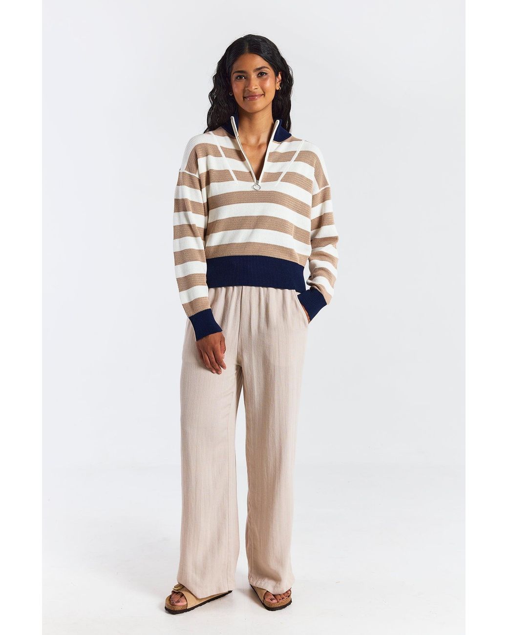 Brodie Cashmere Blue Mesh Stripe Half Zip