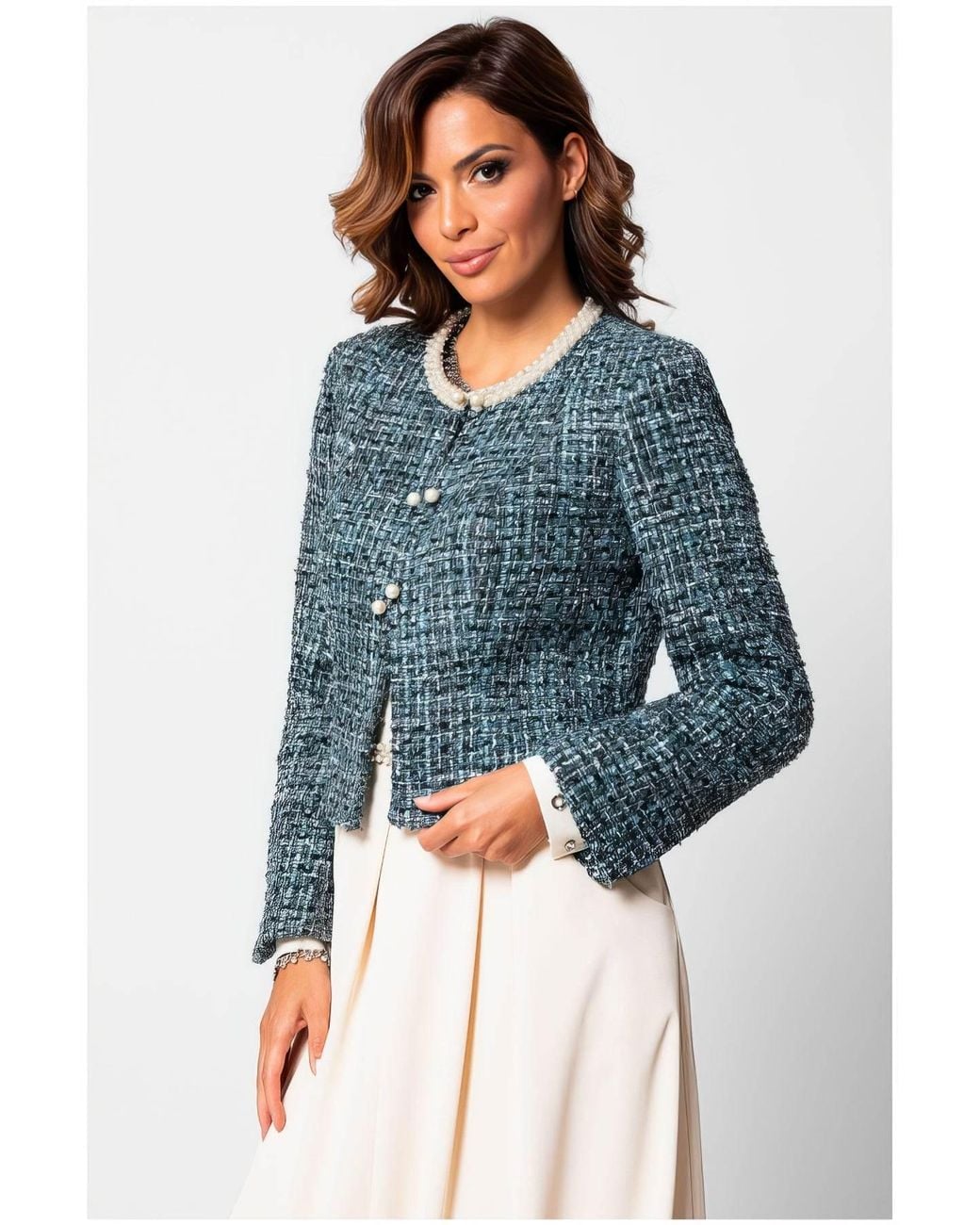 Luna Fashion House Blue Tweed Blazer With Pearl Trim, Rhea