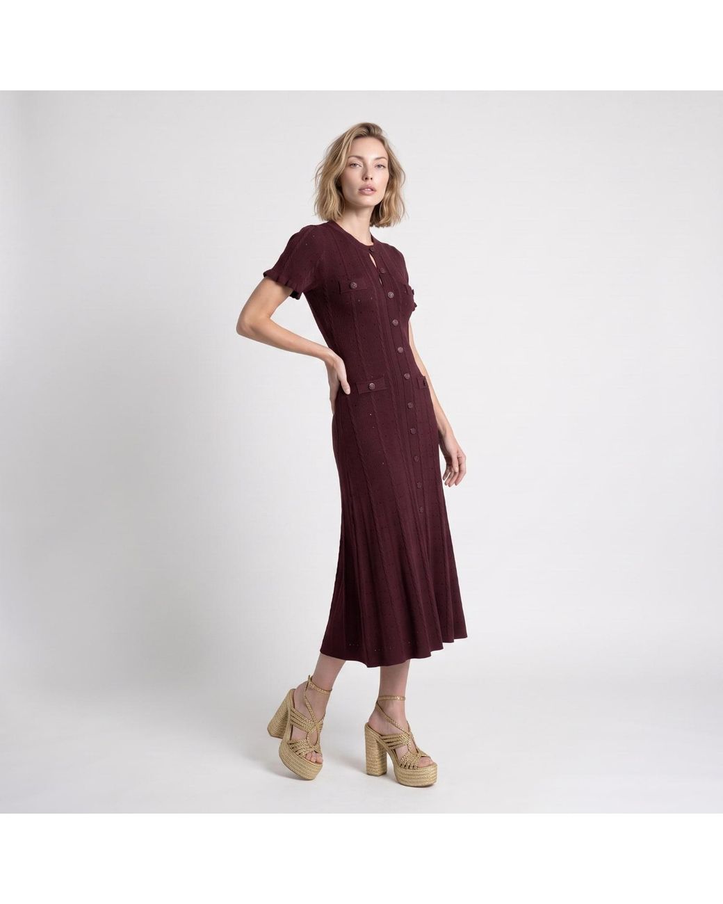 Modenaire Purple Textured Knit Midi Dress Clean Silhouette