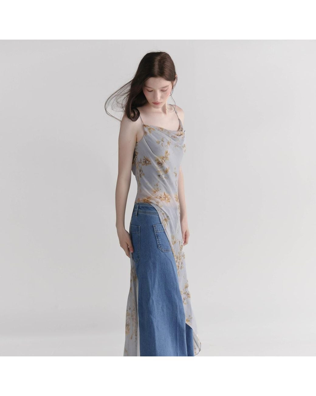 Belsize25 Gray Dahlia Series – Celeste Floral Mulberry Silk Asymmetric Cowl-Neck Long Camisole