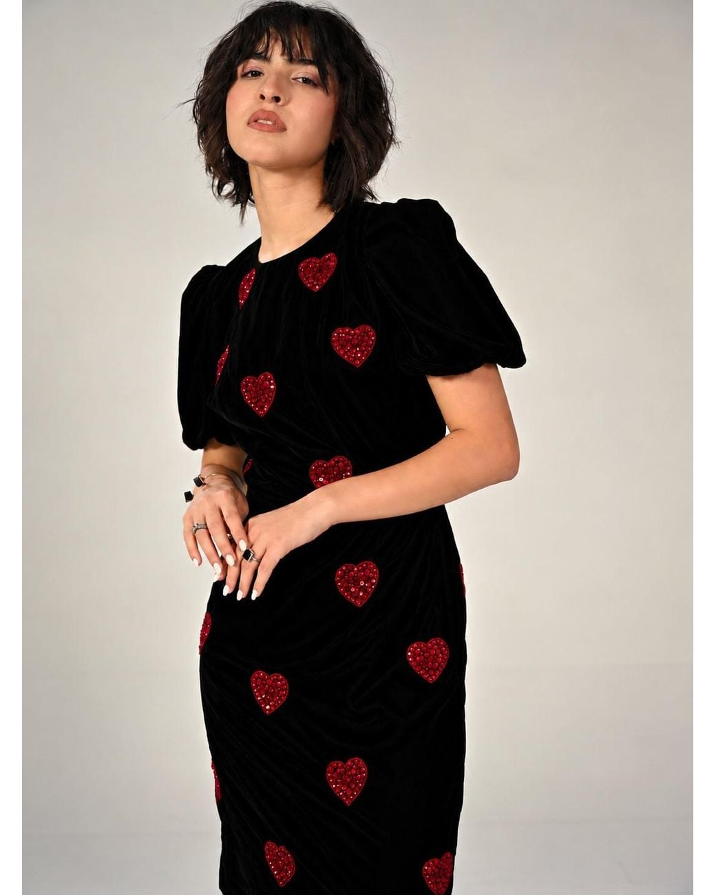 Rose & Nancy Rosheen Velevt Hand Embellished Heart Mini Dress in Black ...