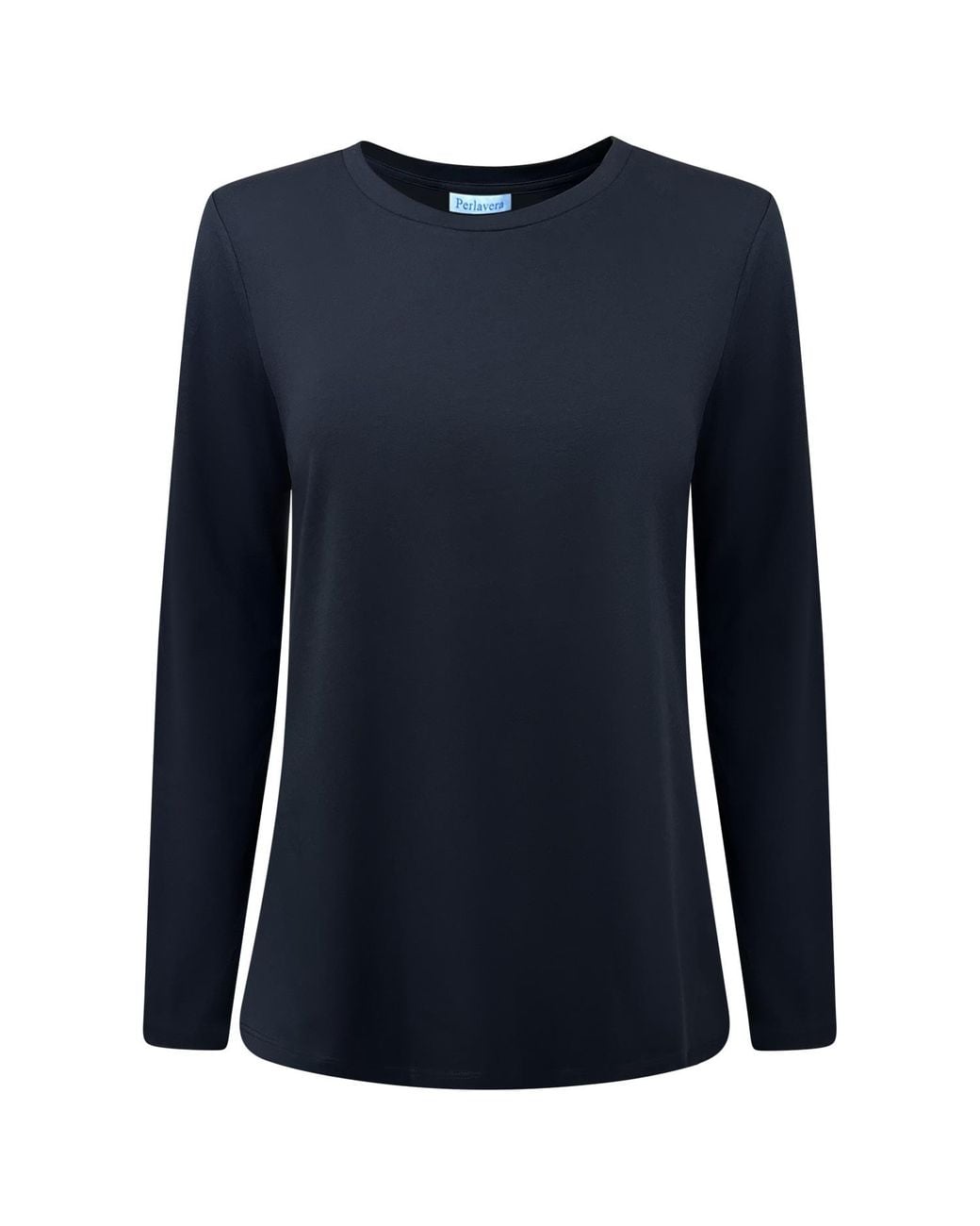 Perlavera Blue Tanya Solid Cotton Spandex Long Sleeve Length Crew Neck T-Shirt