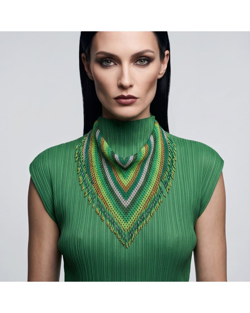 Iliana Arrazola Green Scarf Fringe Necklace, Glass Beads, Beaded Jewelry