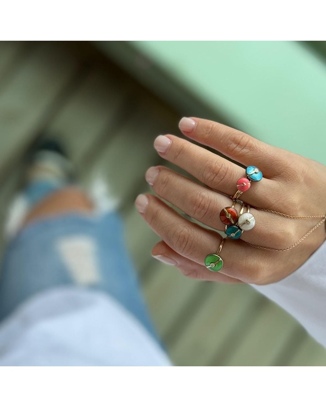 Ecce | Artisan Diamonds Pink Enamelled Mini Multi Diamond Buttons 14K Ring