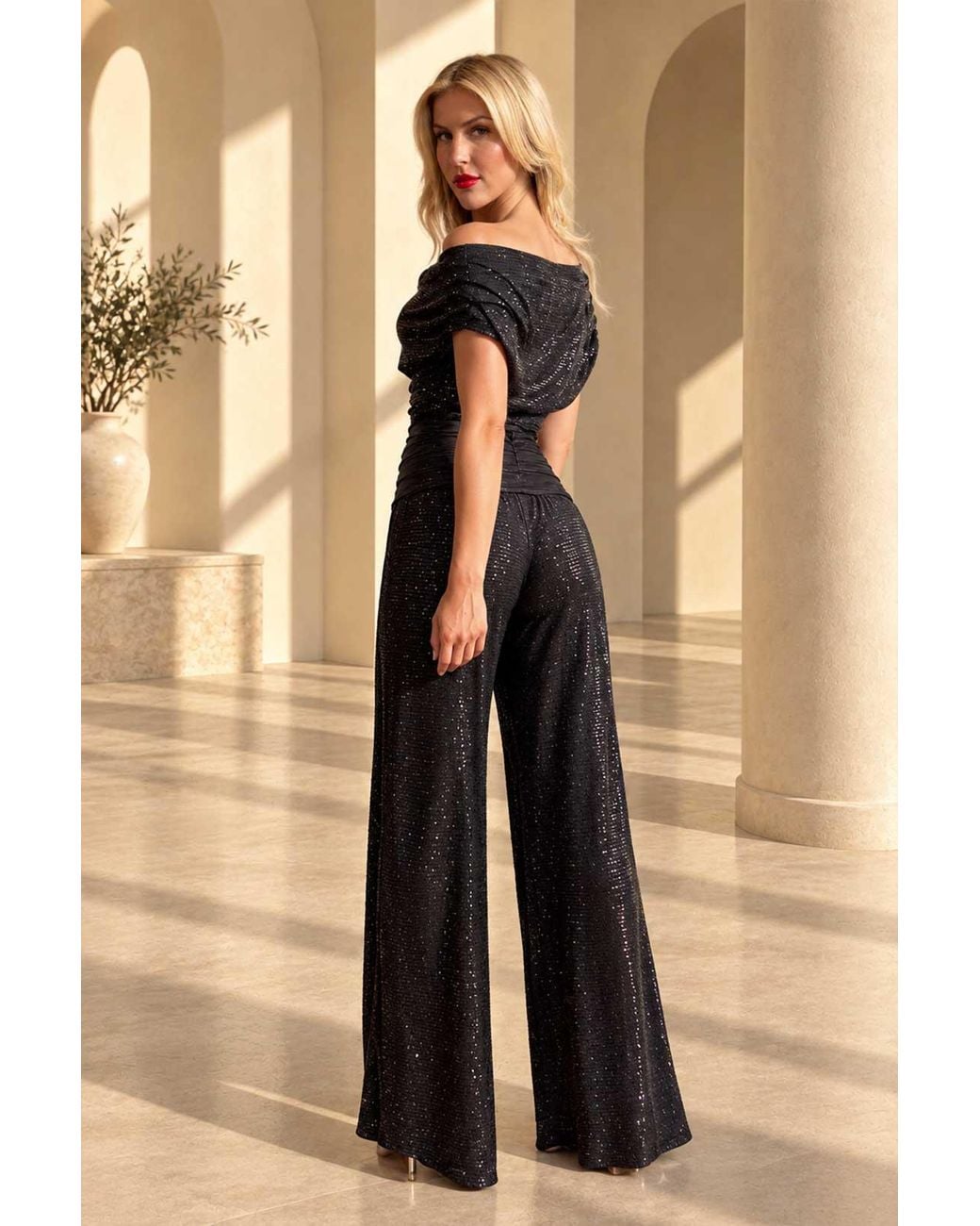 Atom Label Black Carbon Sequin Bardot Wide Leg Jumpsuit