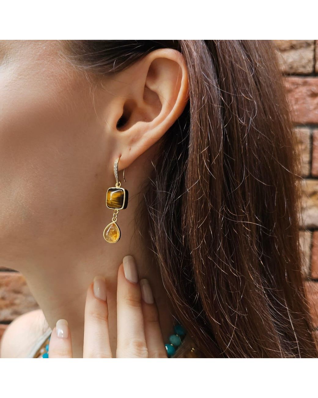 Farra Metallic Tiger Eye With Citrine Dangle Comfort Earrings
