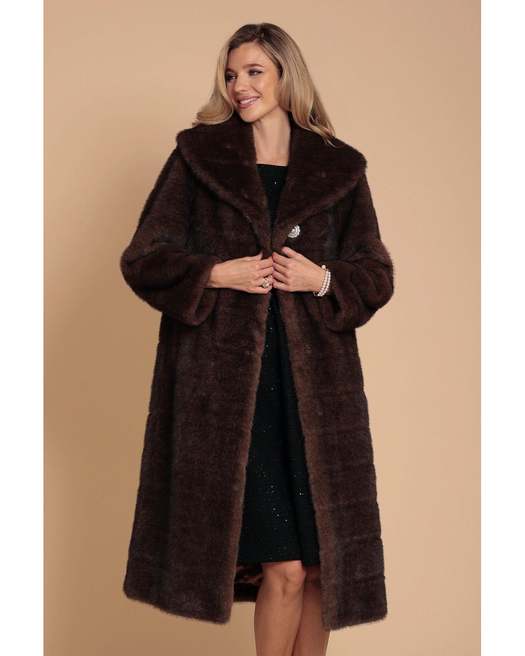 Santinni Brown Hollywood Full-Length Faux Fur Coat