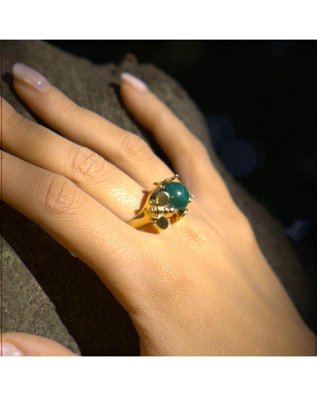 Unaloe Yellow Plated Malachite Statement Ring – Natural Gemstone Luxury Ring For Handmade Artisan Jewelry