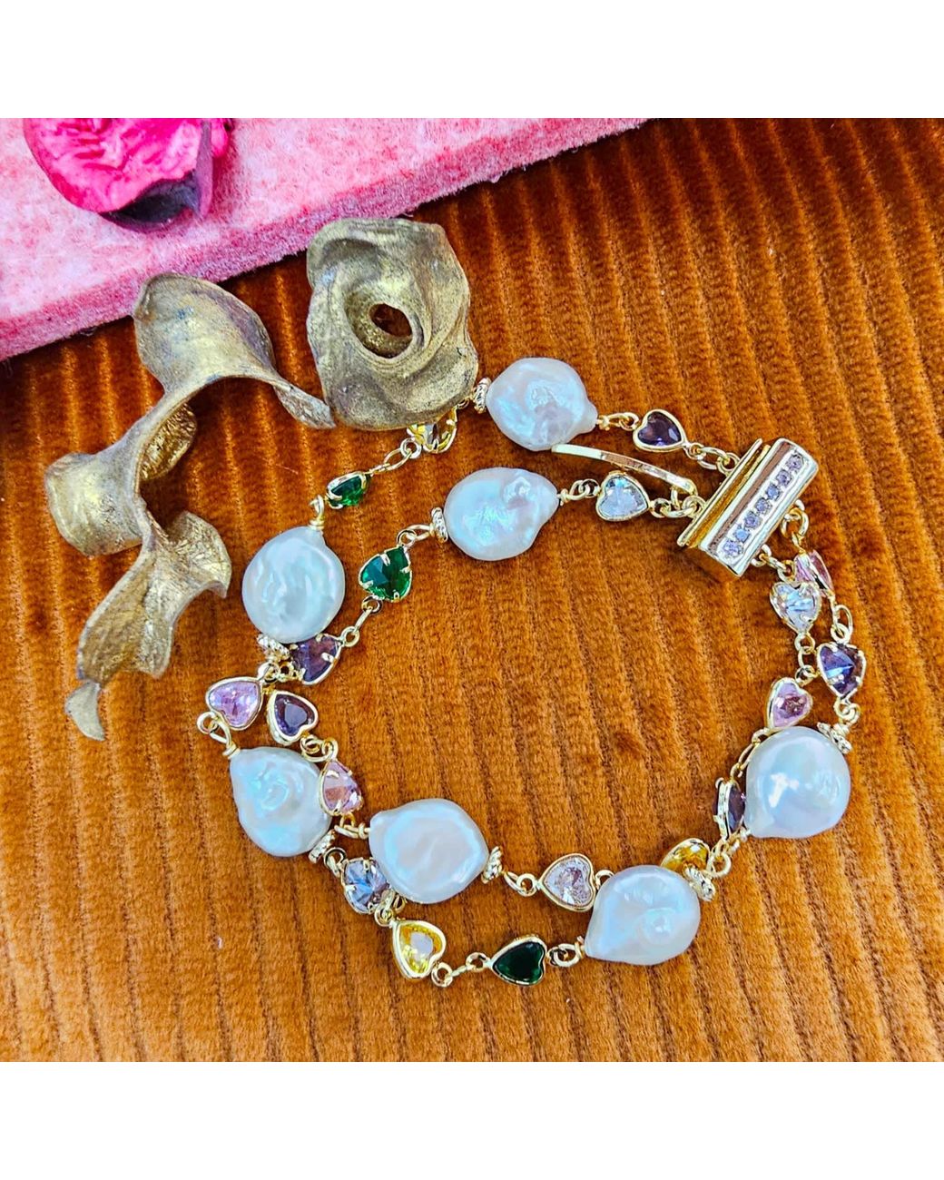 Farra Metallic Colorful Zircon With Irregular Flat Baroque Pearls Double Layers Bracelet