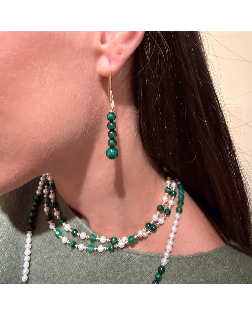 Farra Green Malachite Beaded Threader Earrings