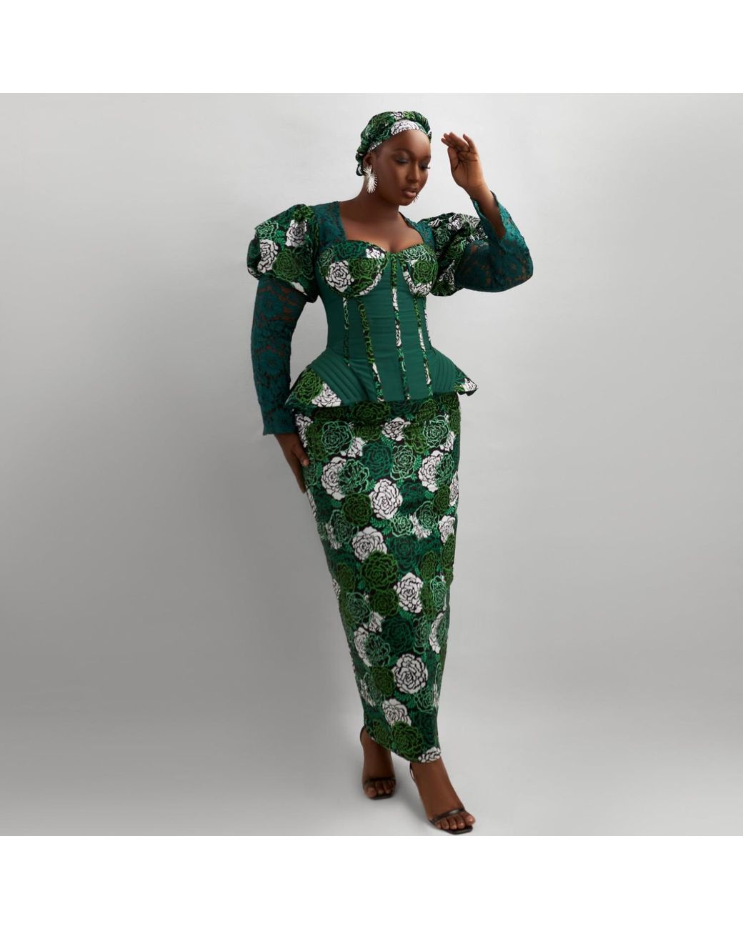 Spring Stitches Green Niniola Cotton Corset Top, Maxi Skirt & Head-Wrap Set