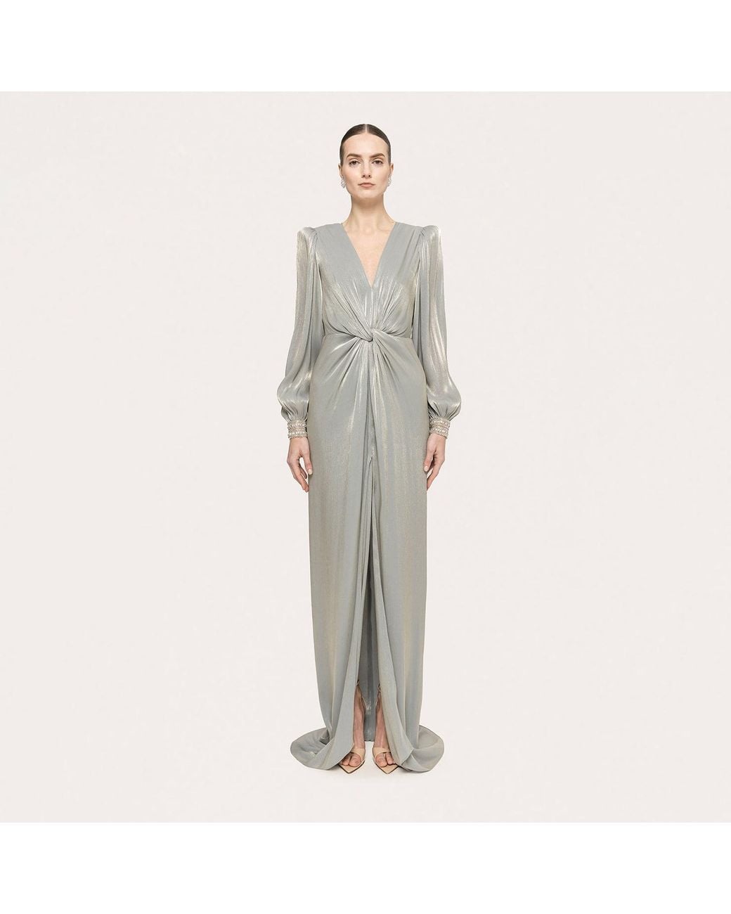 Nissa Gray Twist-Detail Chiffon Maxi Dress