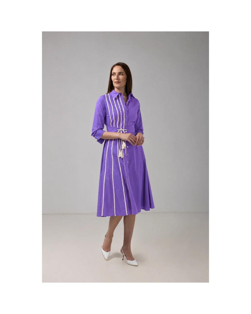 IZABELA MANDOIU Purple Premium Cotton Shirt Dress With Contrast Ric Rac Detailing & Tassel Waist Tie