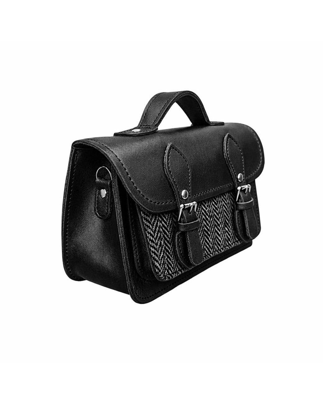 Zatchels Black Handmade Tannery Leather & Tweed Cross Body Micro Satchel Plus