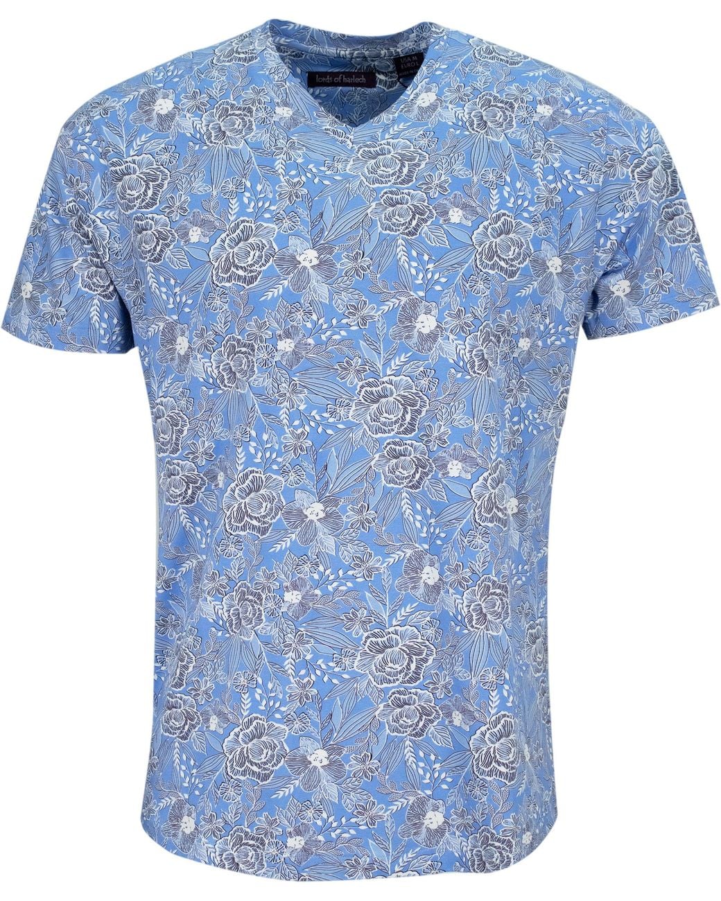 Lords of Harlech Blue Maze Handcut Floral V-Neck Tee for men