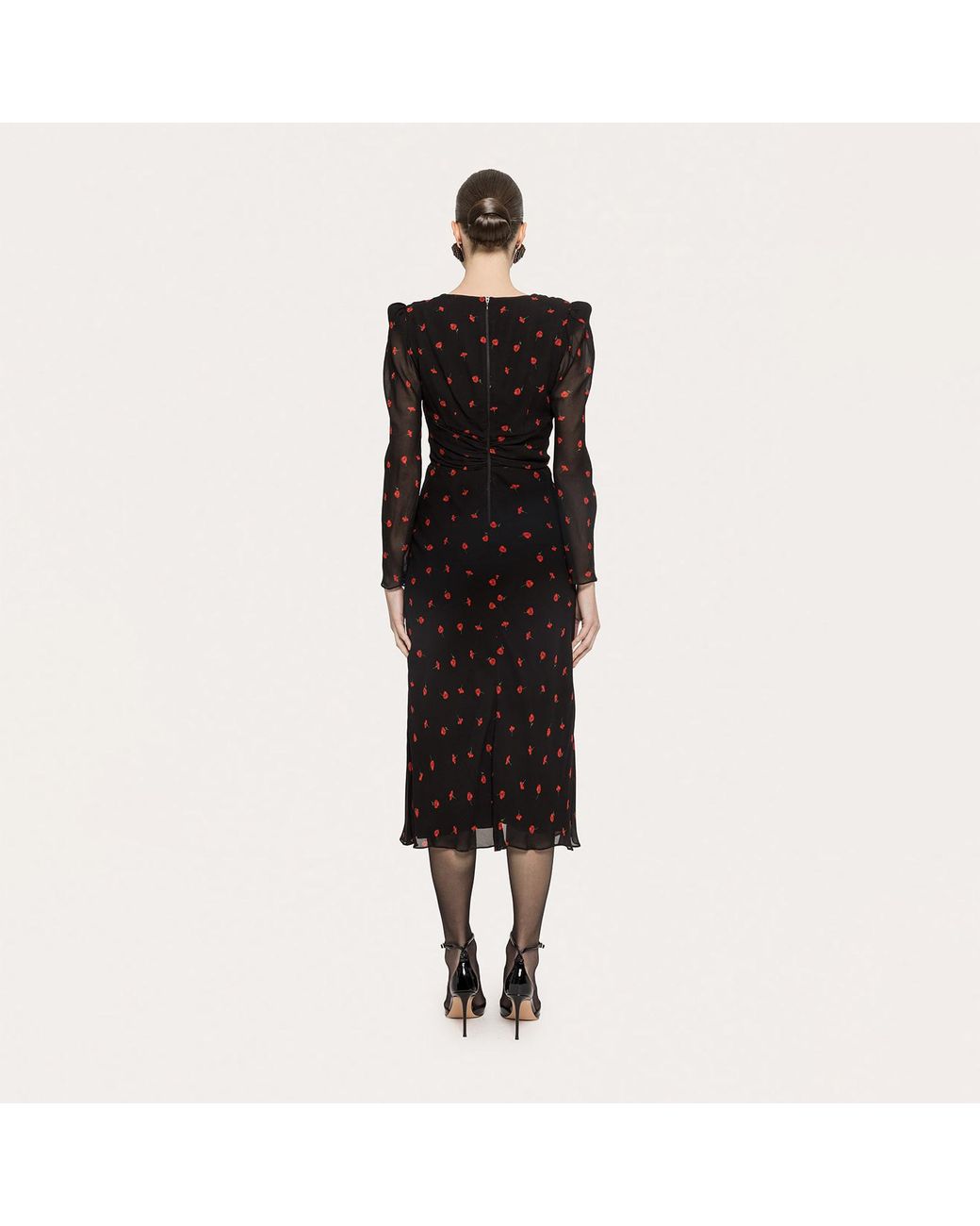 Nissa Black Rose-Print Viscose Midi Dress